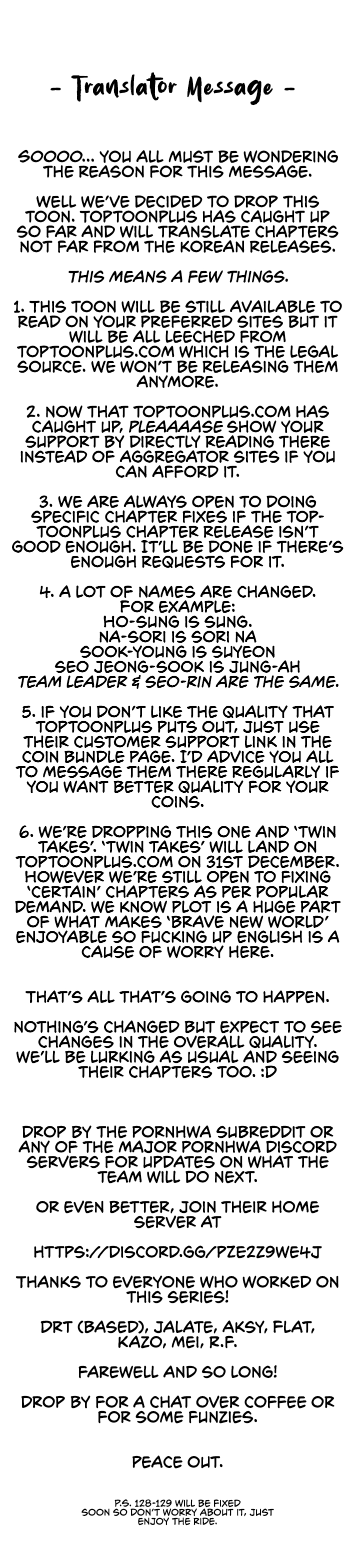 Brave New World Chapter 129.5 Translator\'s message